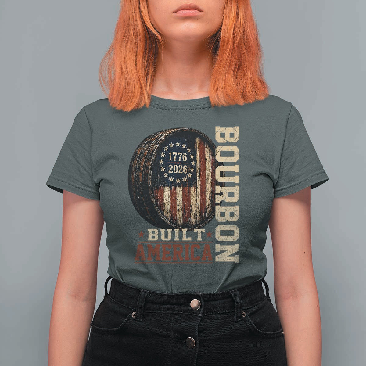 Bourbon Built America Vintage Distressed Graphic T Shirt For Women American Flag Whiskey Barrel 1776 to 2026 Semiquincentennial Patriotic