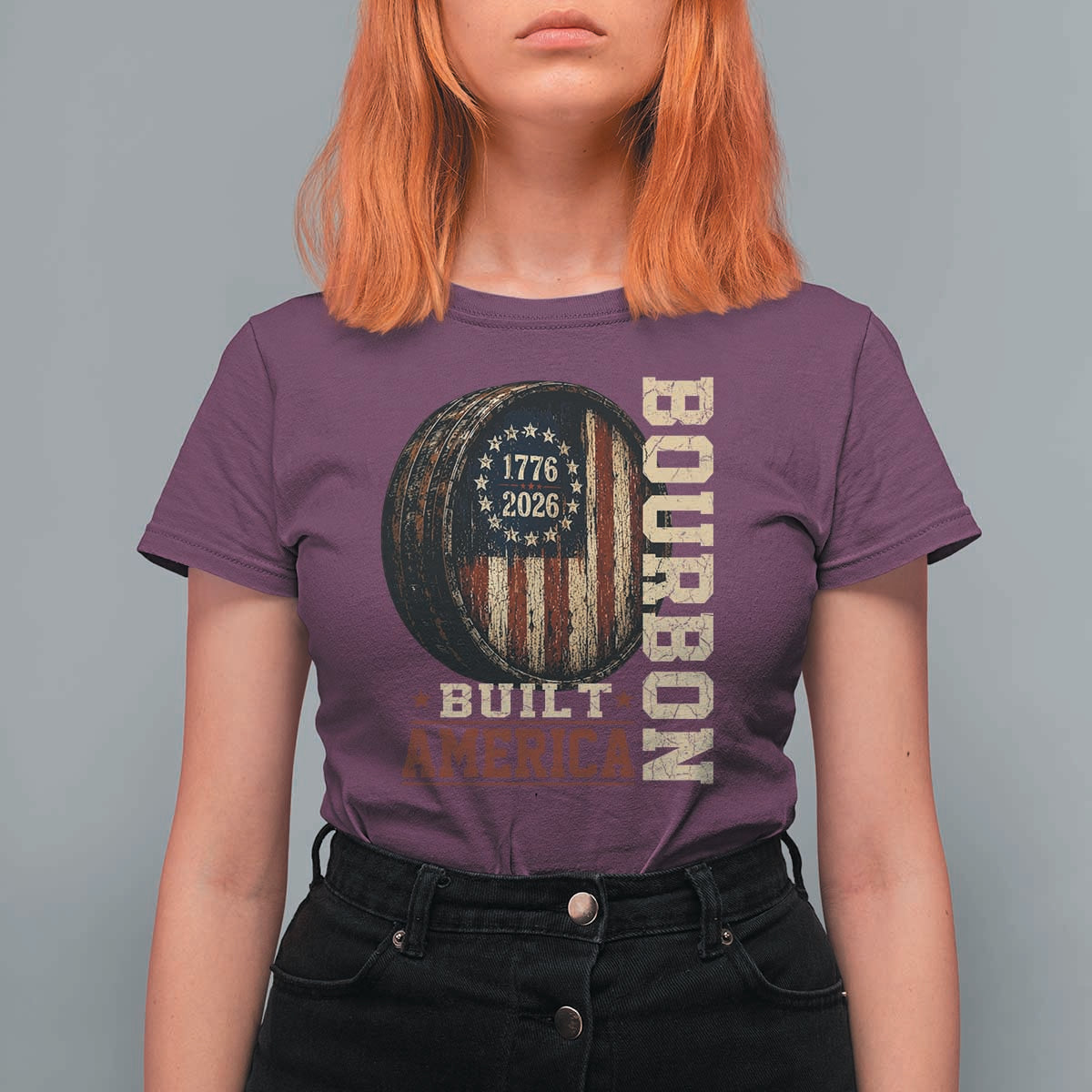 Bourbon Built America Vintage Distressed Graphic T Shirt For Women American Flag Whiskey Barrel 1776 to 2026 Semiquincentennial Patriotic