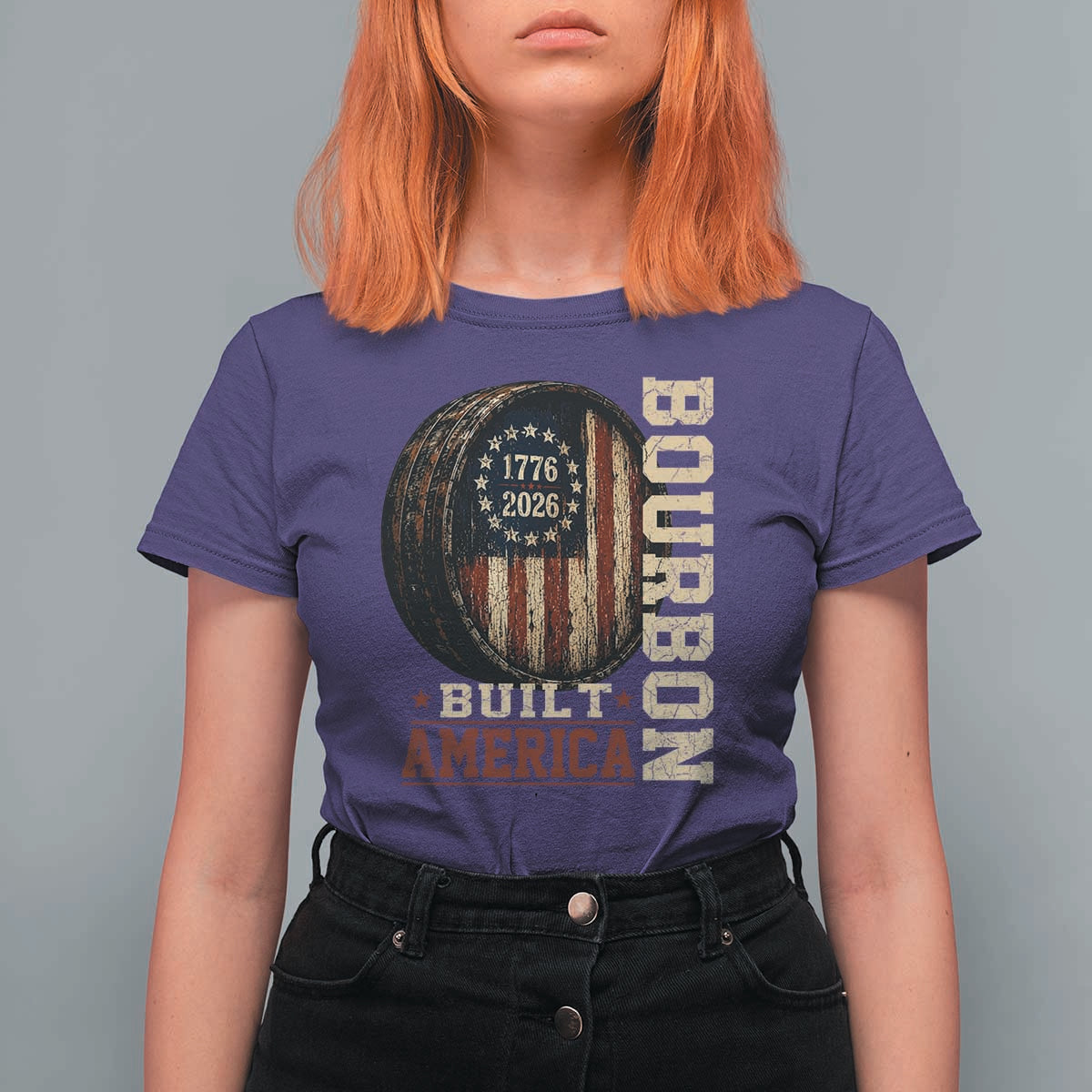 Bourbon Built America Vintage Distressed Graphic T Shirt For Women American Flag Whiskey Barrel 1776 to 2026 Semiquincentennial Patriotic