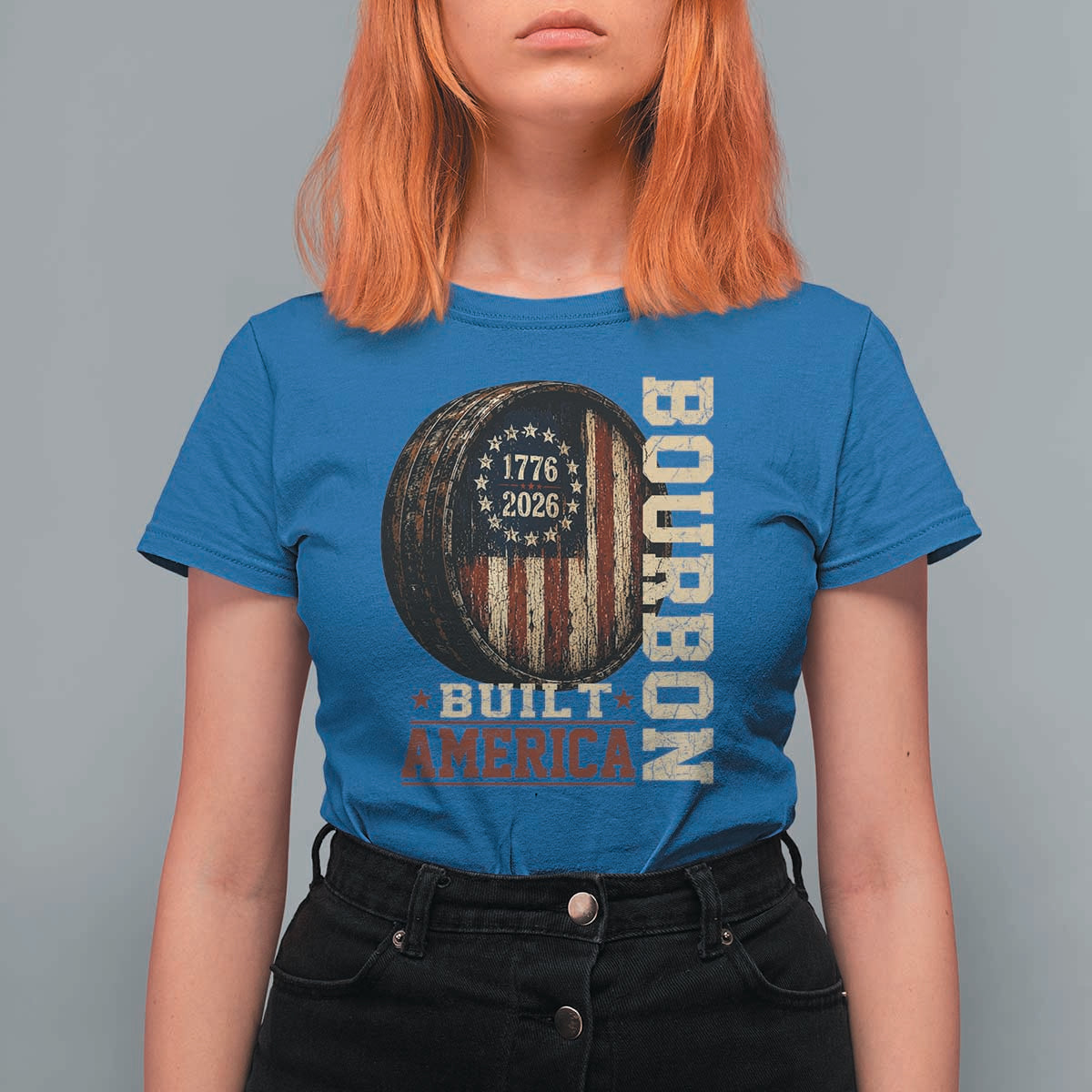 Bourbon Built America Vintage Distressed Graphic T Shirt For Women American Flag Whiskey Barrel 1776 to 2026 Semiquincentennial Patriotic
