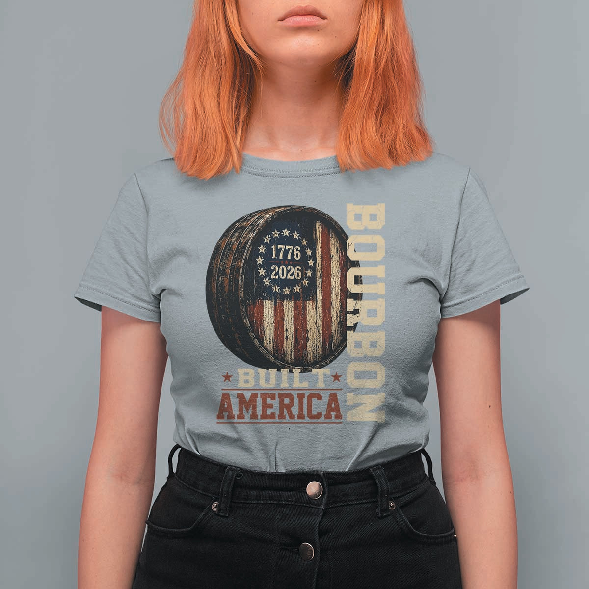 Bourbon Built America Vintage Distressed Graphic T Shirt For Women American Flag Whiskey Barrel 1776 to 2026 Semiquincentennial Patriotic