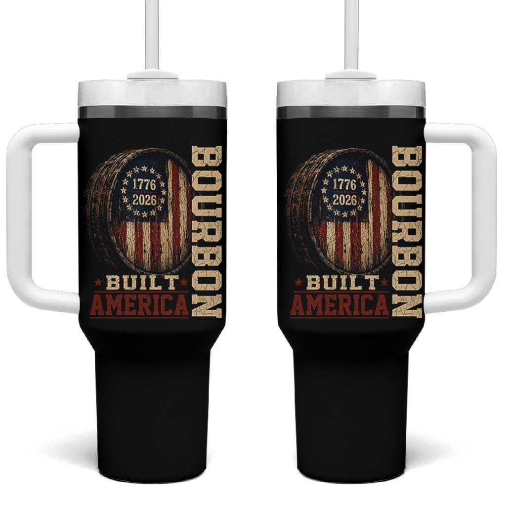Bourbon Built America Vintage Distressed Graphic Tumbler With Handle American Flag Whiskey Barrel 1776 to 2026 Semiquincentennial Patriotic