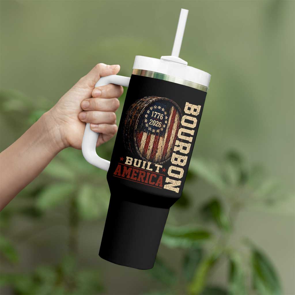Bourbon Built America Vintage Distressed Graphic Tumbler With Handle American Flag Whiskey Barrel 1776 to 2026 Semiquincentennial Patriotic