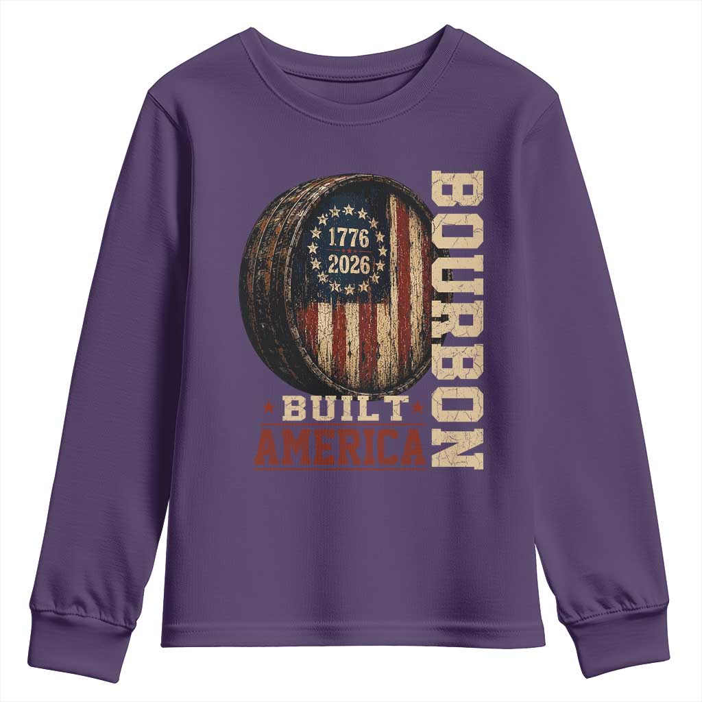 Bourbon Built America Vintage Distressed Graphic Youth Sweatshirt American Flag Whiskey Barrel 1776 to 2026 Semiquincentennial Patriotic