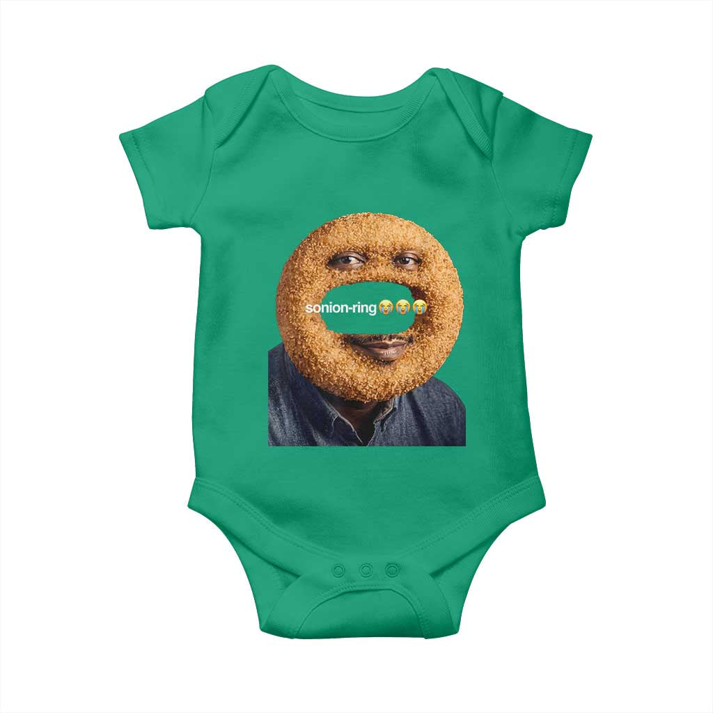 Funny Sonion Ring Cursed Meme Graphic Baby Onesie Surreal Deep Fried Onion Ring Joke