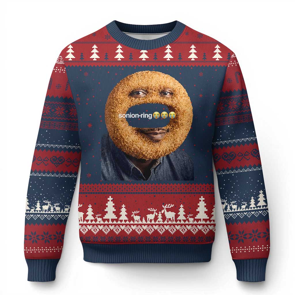 Funny Sonion Ring Cursed Meme Graphic Ugly Christmas Sweater Surreal Deep Fried Onion Ring Joke