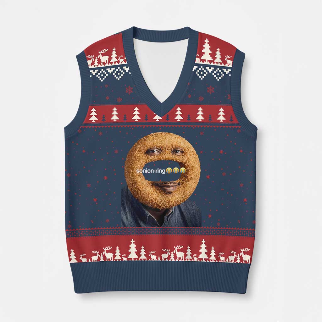 Funny Sonion Ring Cursed Meme Graphic V-Neck Knit Sweater Vest Surreal Deep Fried Onion Ring Joke