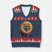 Funny Sonion Ring Cursed Meme Graphic V-Neck Knit Sweater Vest Surreal Deep Fried Onion Ring Joke