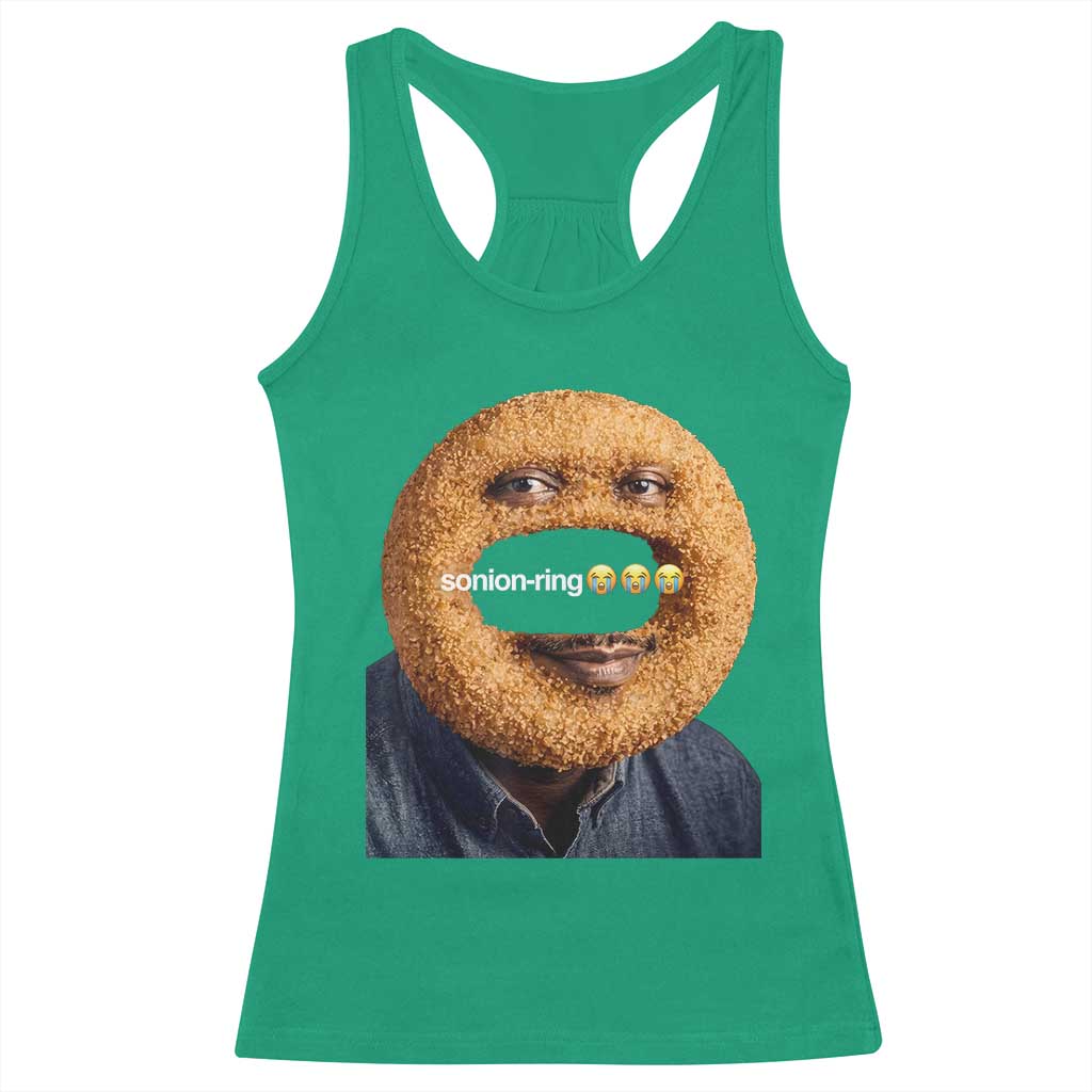 Funny Sonion Ring Cursed Meme Graphic Racerback Tank Top Surreal Deep Fried Onion Ring Joke