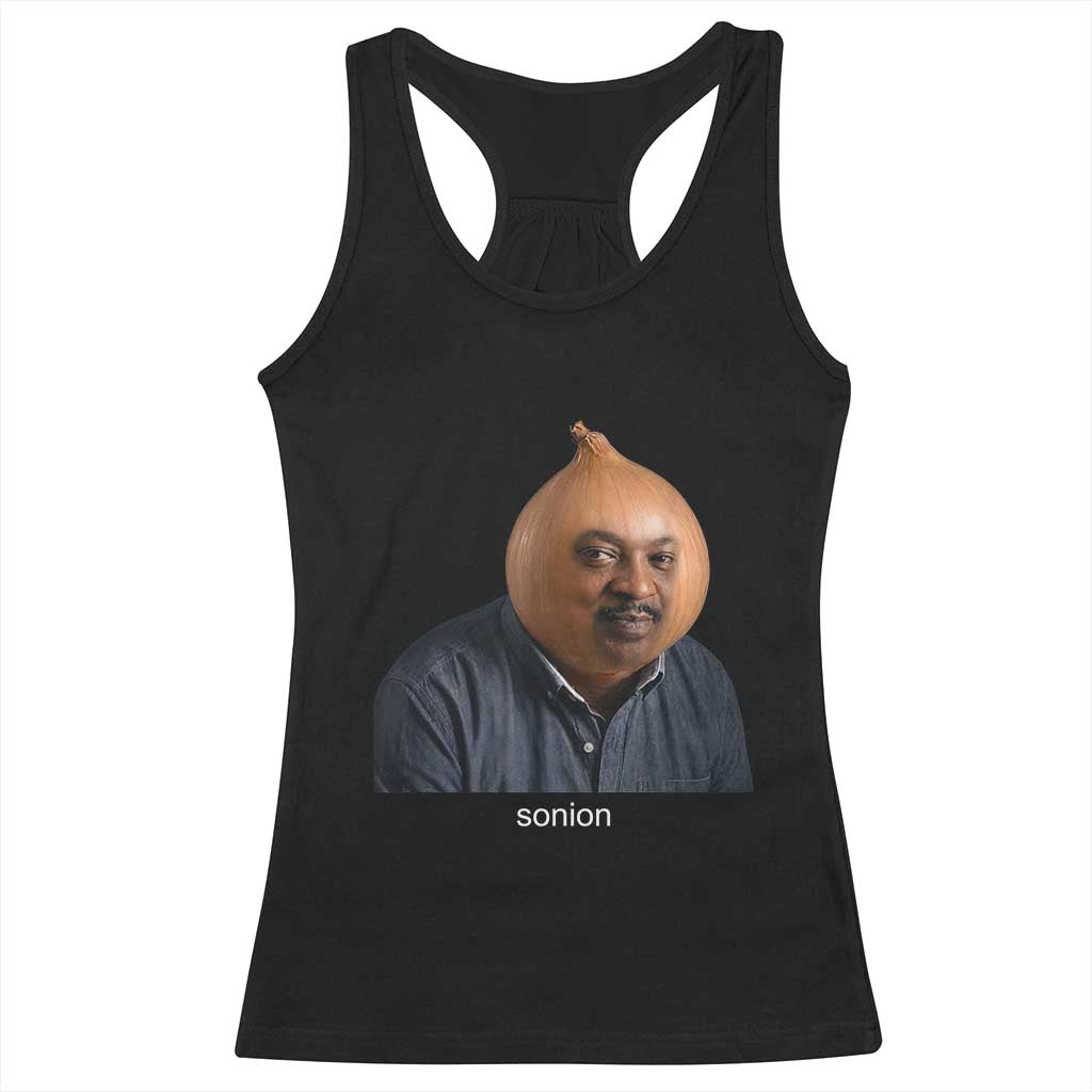 Viral Sonion Surreal Meme Racerback Tank Top Funny Crying Onion Man Aesthetic Joke