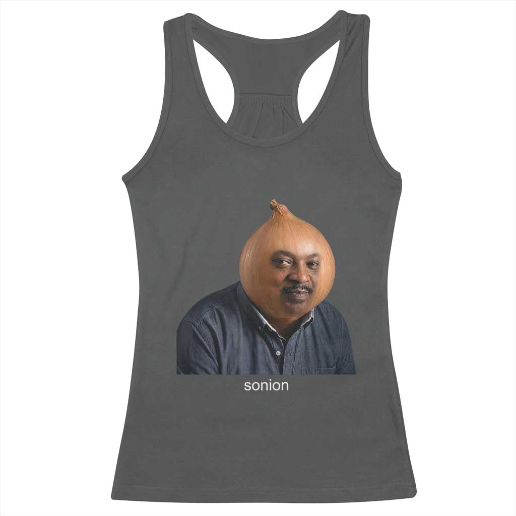 Viral Sonion Surreal Meme Racerback Tank Top Funny Crying Onion Man Aesthetic Joke