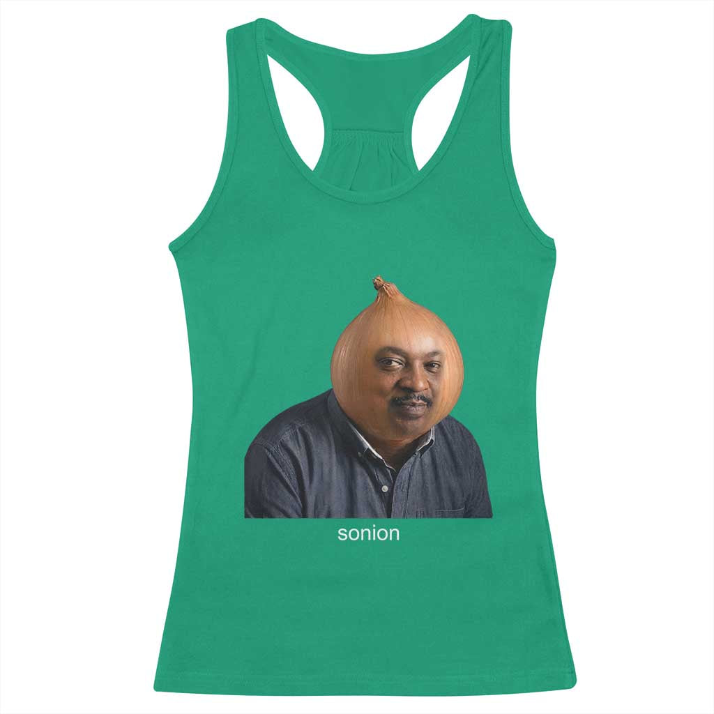 Viral Sonion Surreal Meme Racerback Tank Top Funny Crying Onion Man Aesthetic Joke