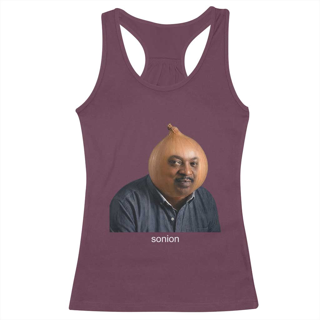 Viral Sonion Surreal Meme Racerback Tank Top Funny Crying Onion Man Aesthetic Joke