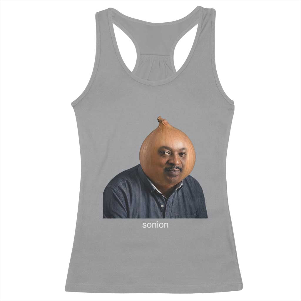 Viral Sonion Surreal Meme Racerback Tank Top Funny Crying Onion Man Aesthetic Joke