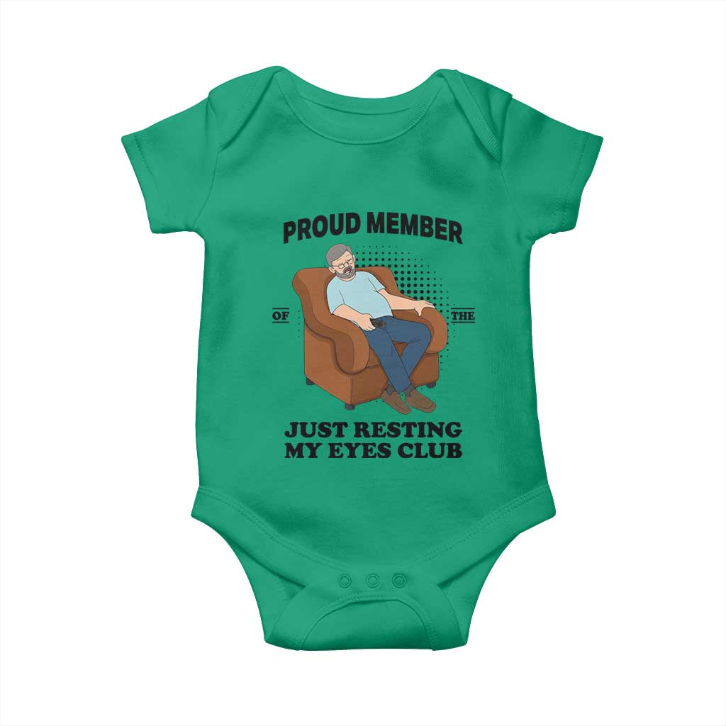 Funny Napping Dad Sleepy Grandpas and Fathers Baby Onesie Proud Member Of The Just Resting My Eyes Club Armchair Cartoon Graphic
