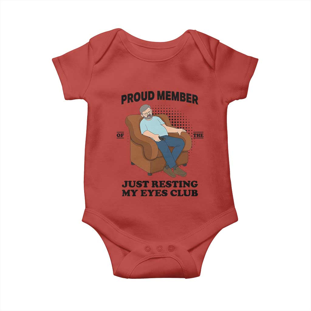 Funny Napping Dad Sleepy Grandpas and Fathers Baby Onesie Proud Member Of The Just Resting My Eyes Club Armchair Cartoon Graphic