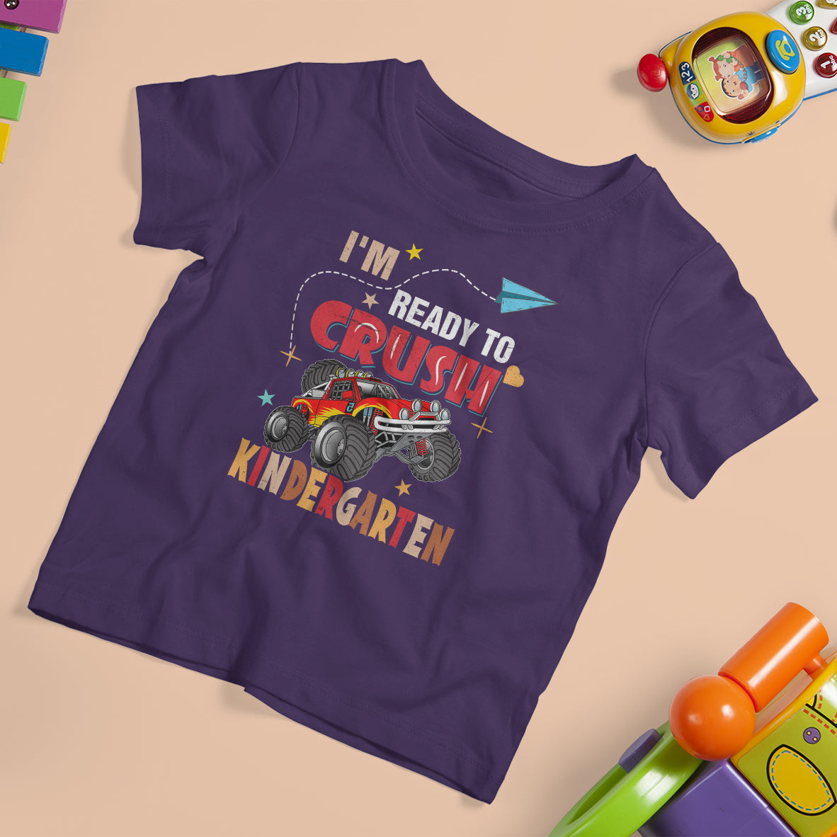 Crush Kindergarten T Shirt For Kid Monster Truck I'm Ready First Day Back To School Retro - Wonder Print Shop