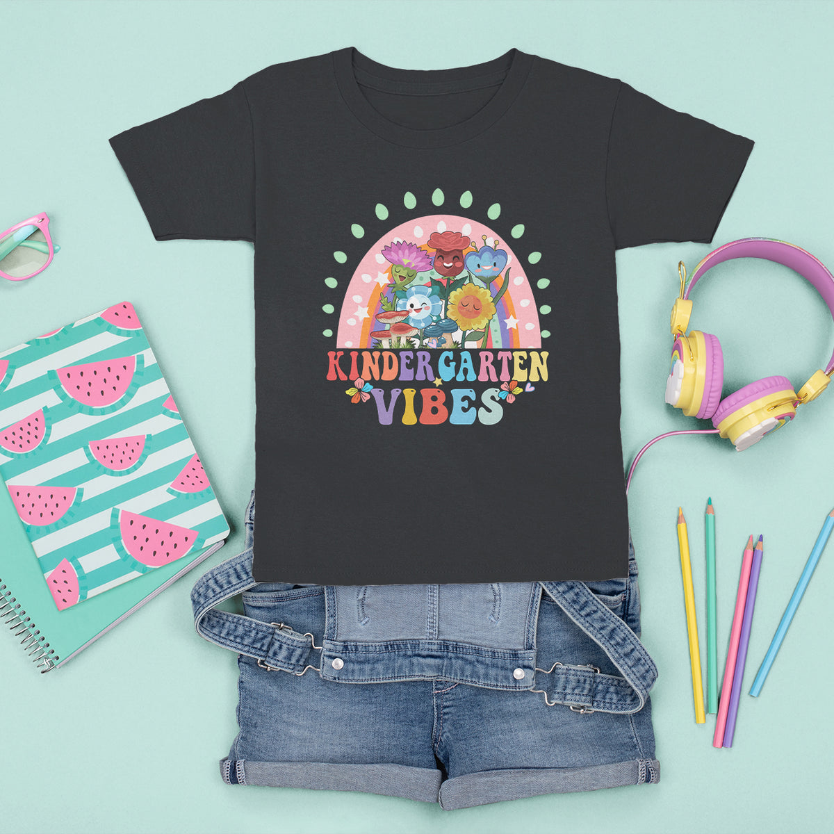 Kindergarten Vibes T Shirt For Kid Cute 1st Day Of School Retro Floral Rainbow - Wonder Print Shop