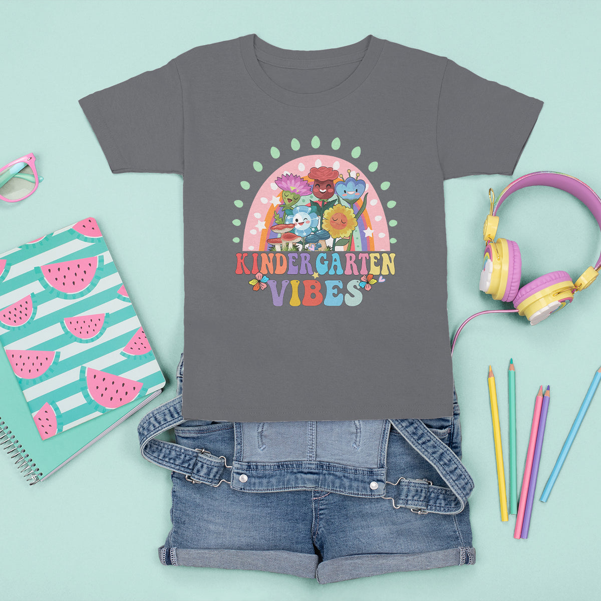 Kindergarten Vibes T Shirt For Kid Cute 1st Day Of School Retro Floral Rainbow - Wonder Print Shop