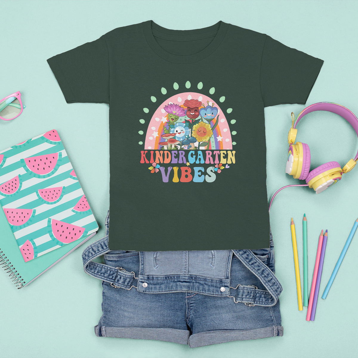 Kindergarten Vibes T Shirt For Kid Cute 1st Day Of School Retro Floral Rainbow - Wonder Print Shop