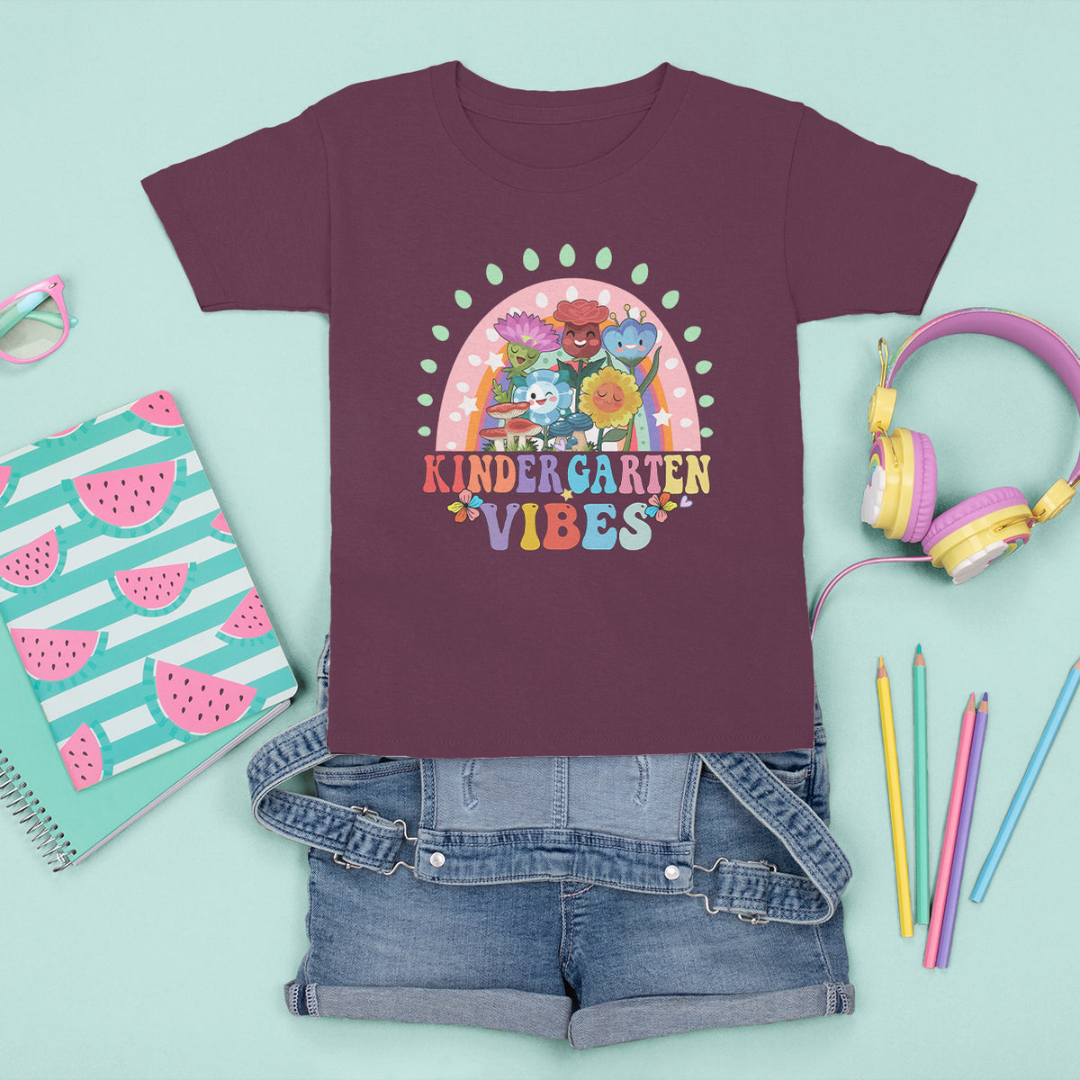 Kindergarten Vibes T Shirt For Kid Cute 1st Day Of School Retro Floral Rainbow - Wonder Print Shop