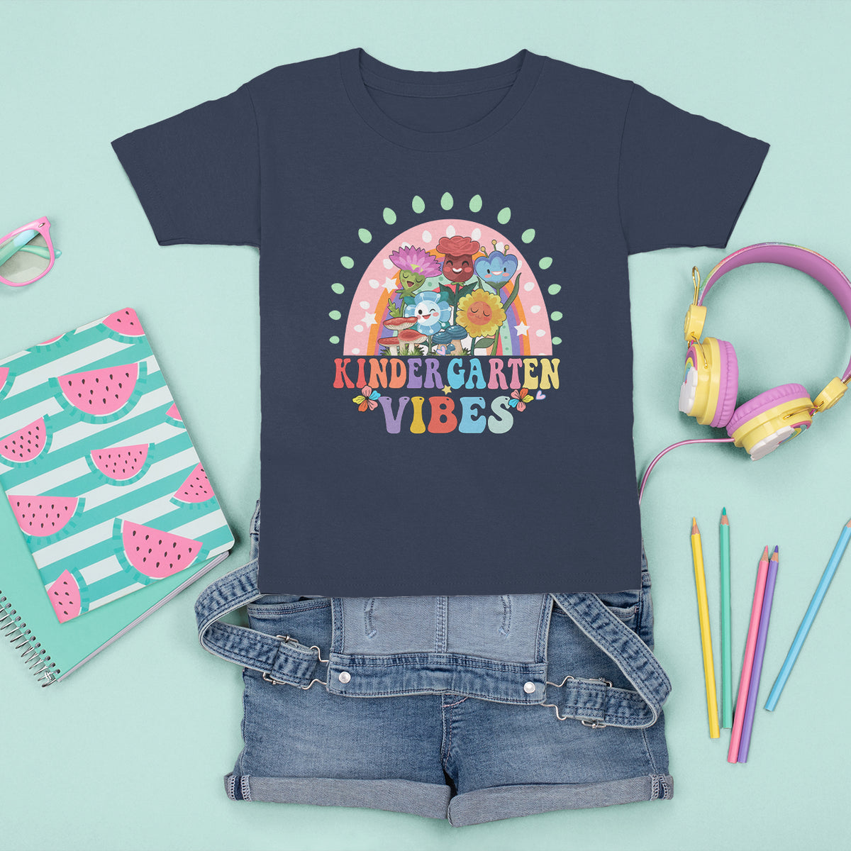 Kindergarten Vibes T Shirt For Kid Cute 1st Day Of School Retro Floral Rainbow - Wonder Print Shop