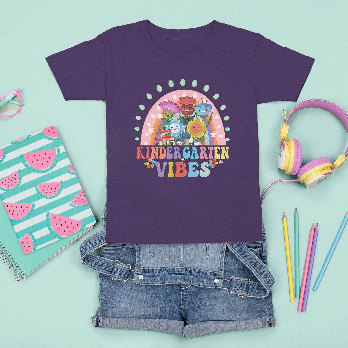 Kindergarten Vibes T Shirt For Kid Cute 1st Day Of School Retro Floral Rainbow - Wonder Print Shop