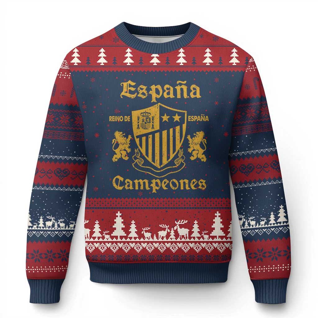 Reino De Espana Campeones Crest Graphic Ugly Christmas Sweater Vintage Spain Champions 2 Stars Spanish Pride Sports Fan