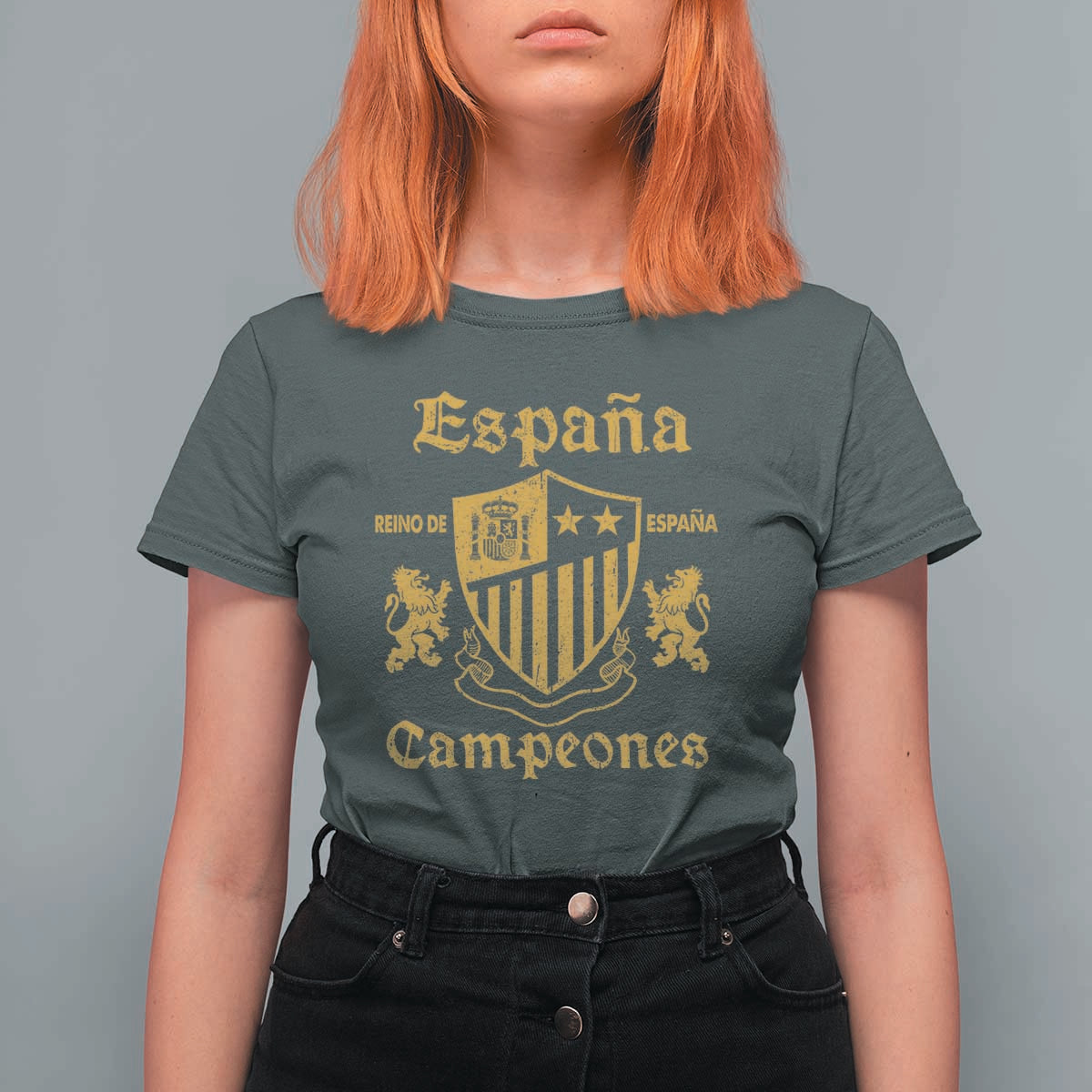 Reino De Espana Campeones Crest Graphic T Shirt For Women Vintage Spain Champions 2 Stars Spanish Pride Sports Fan