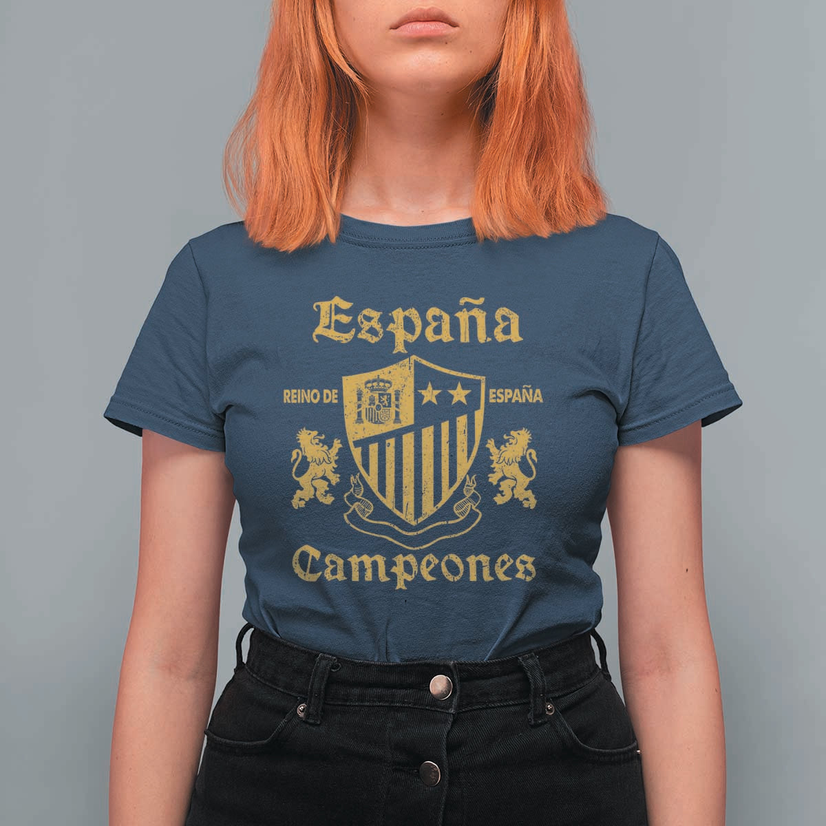 Reino De Espana Campeones Crest Graphic T Shirt For Women Vintage Spain Champions 2 Stars Spanish Pride Sports Fan