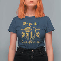 Reino De Espana Campeones Crest Graphic T Shirt For Women Vintage Spain Champions 2 Stars Spanish Pride Sports Fan