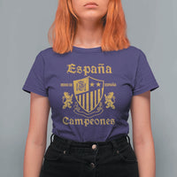 Reino De Espana Campeones Crest Graphic T Shirt For Women Vintage Spain Champions 2 Stars Spanish Pride Sports Fan