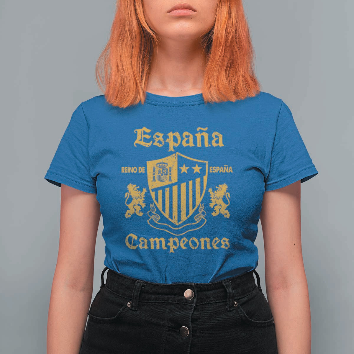 Reino De Espana Campeones Crest Graphic T Shirt For Women Vintage Spain Champions 2 Stars Spanish Pride Sports Fan