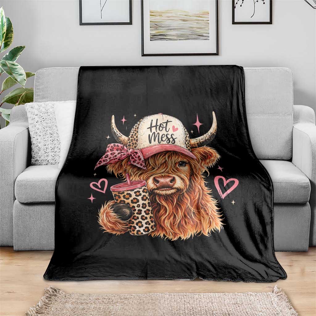 Hot Mess Highland Cow Pink Leopard Coquette Throw Blanket Cute Western Country Mom Life