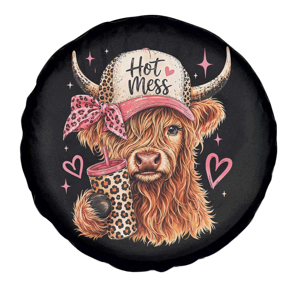 Hot Mess Highland Cow Pink Leopard Coquette Spare Tire Cover Cute Western Country Mom Life