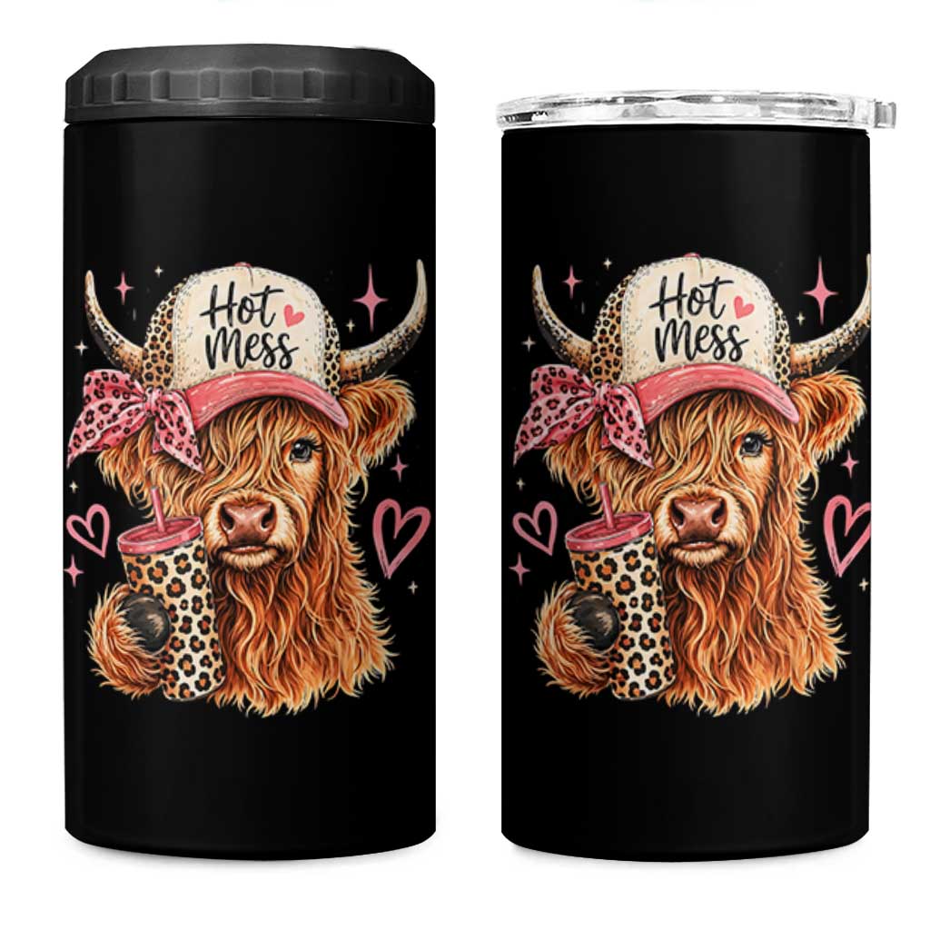 Hot Mess Highland Cow Pink Leopard Coquette 4 in 1 Can Cooler Tumbler Cute Western Country Mom Life