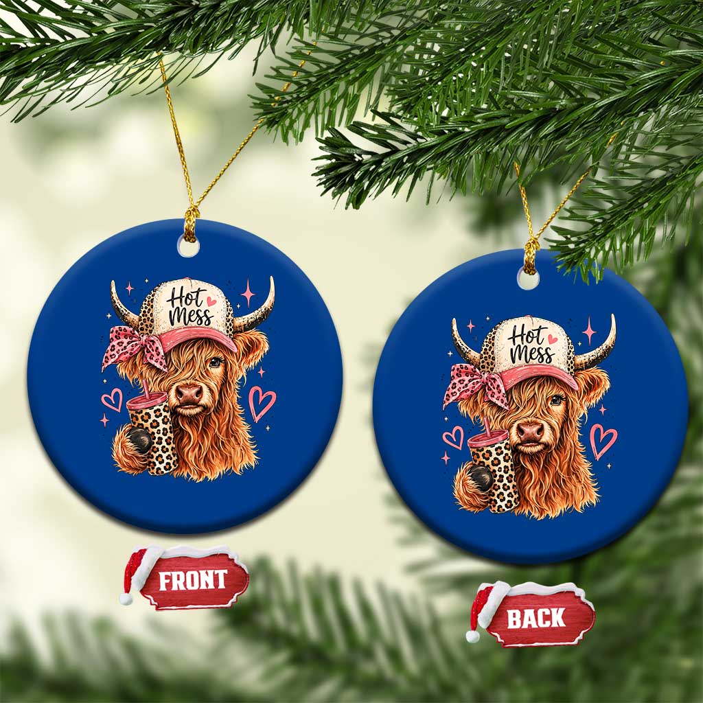 Hot Mess Highland Cow Pink Leopard Coquette Ceramic Ornament Cute Western Country Mom Life