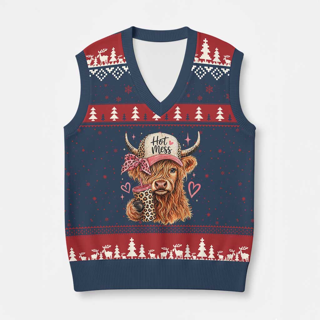 Hot Mess Highland Cow Pink Leopard Coquette V-Neck Knit Sweater Vest Cute Western Country Mom Life