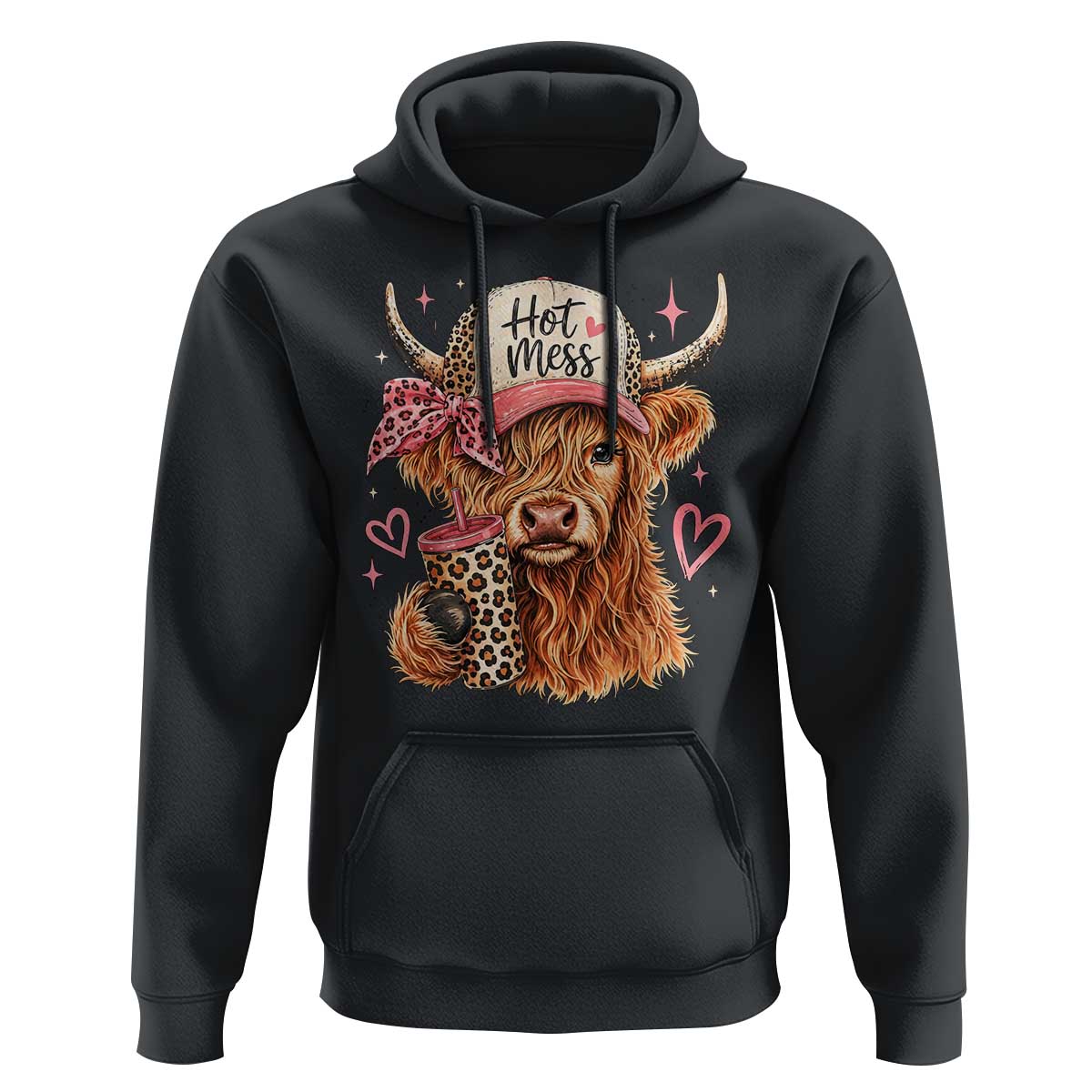 Hot Mess Highland Cow Pink Leopard Coquette Hoodie Cute Western Country Mom Life