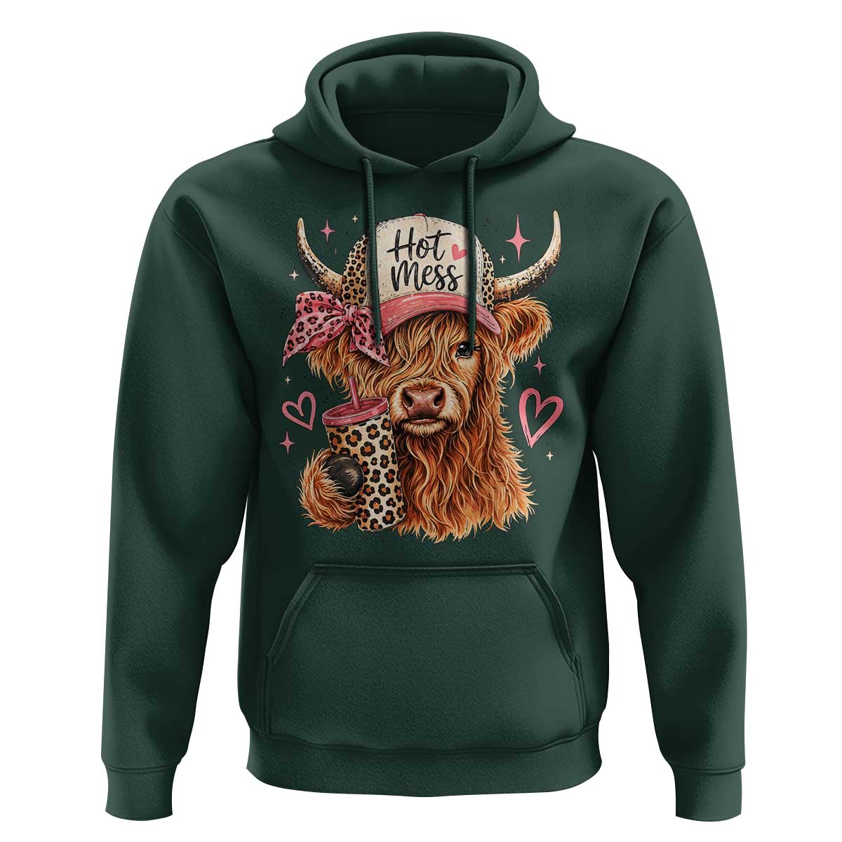 Hot Mess Highland Cow Pink Leopard Coquette Hoodie Cute Western Country Mom Life