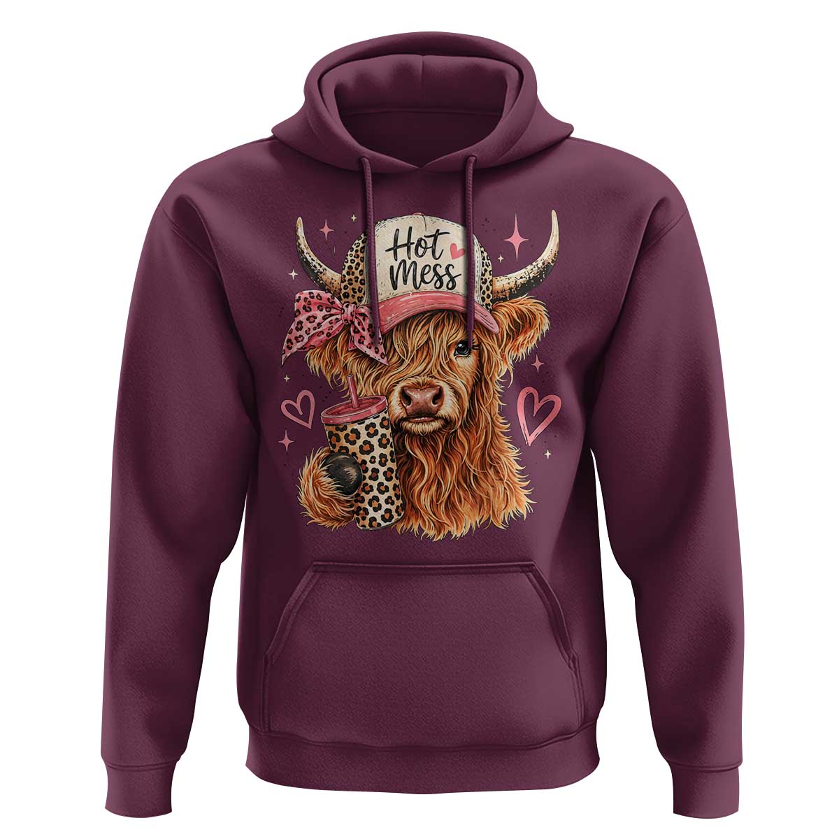 Hot Mess Highland Cow Pink Leopard Coquette Hoodie Cute Western Country Mom Life