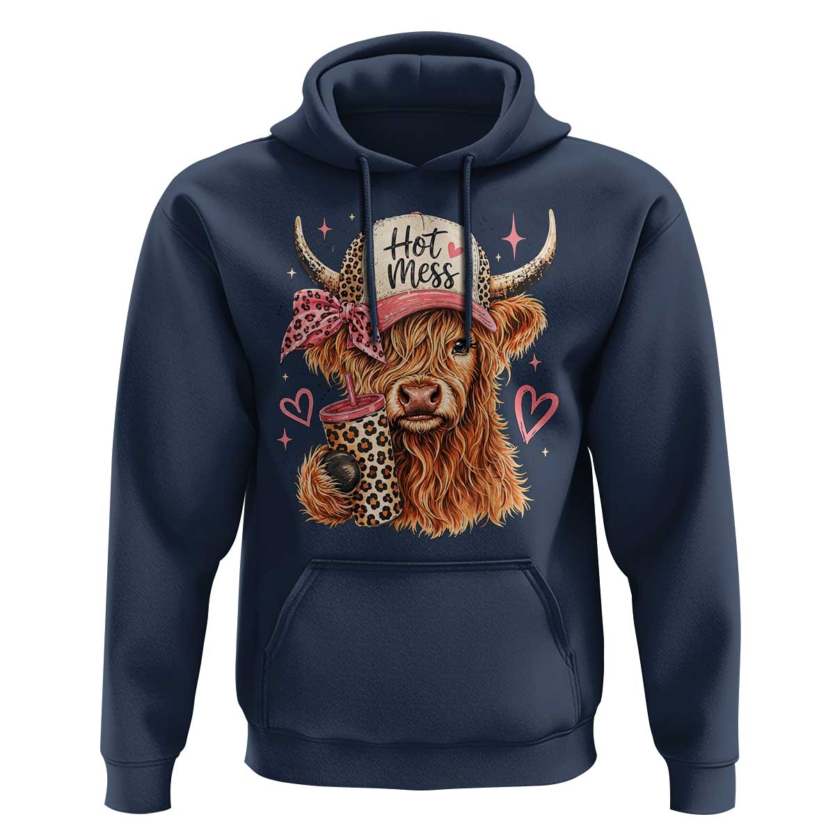 Hot Mess Highland Cow Pink Leopard Coquette Hoodie Cute Western Country Mom Life