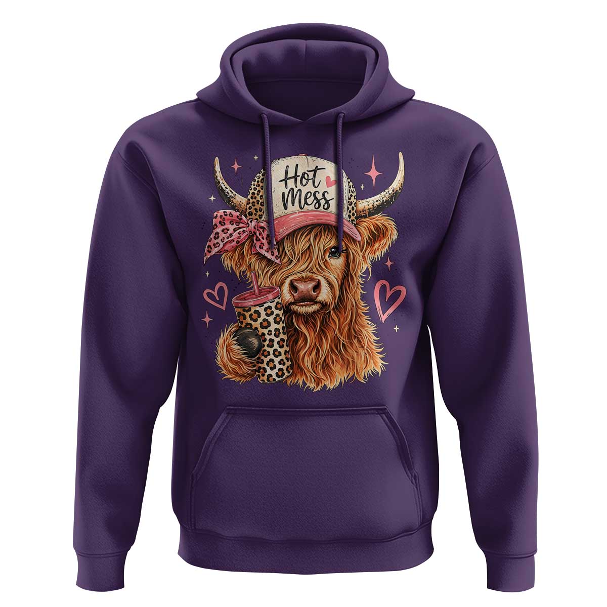 Hot Mess Highland Cow Pink Leopard Coquette Hoodie Cute Western Country Mom Life