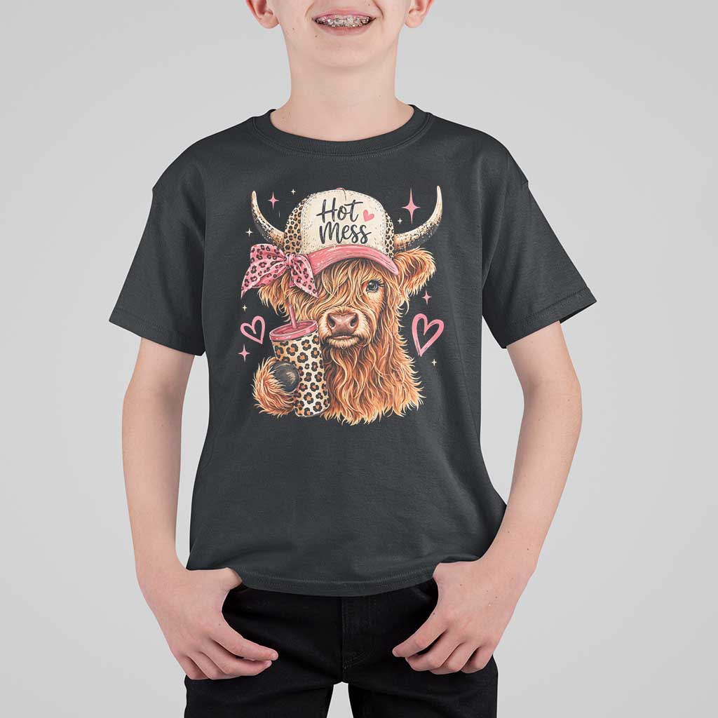Hot Mess Highland Cow Pink Leopard Coquette T Shirt For Kid Cute Western Country Mom Life
