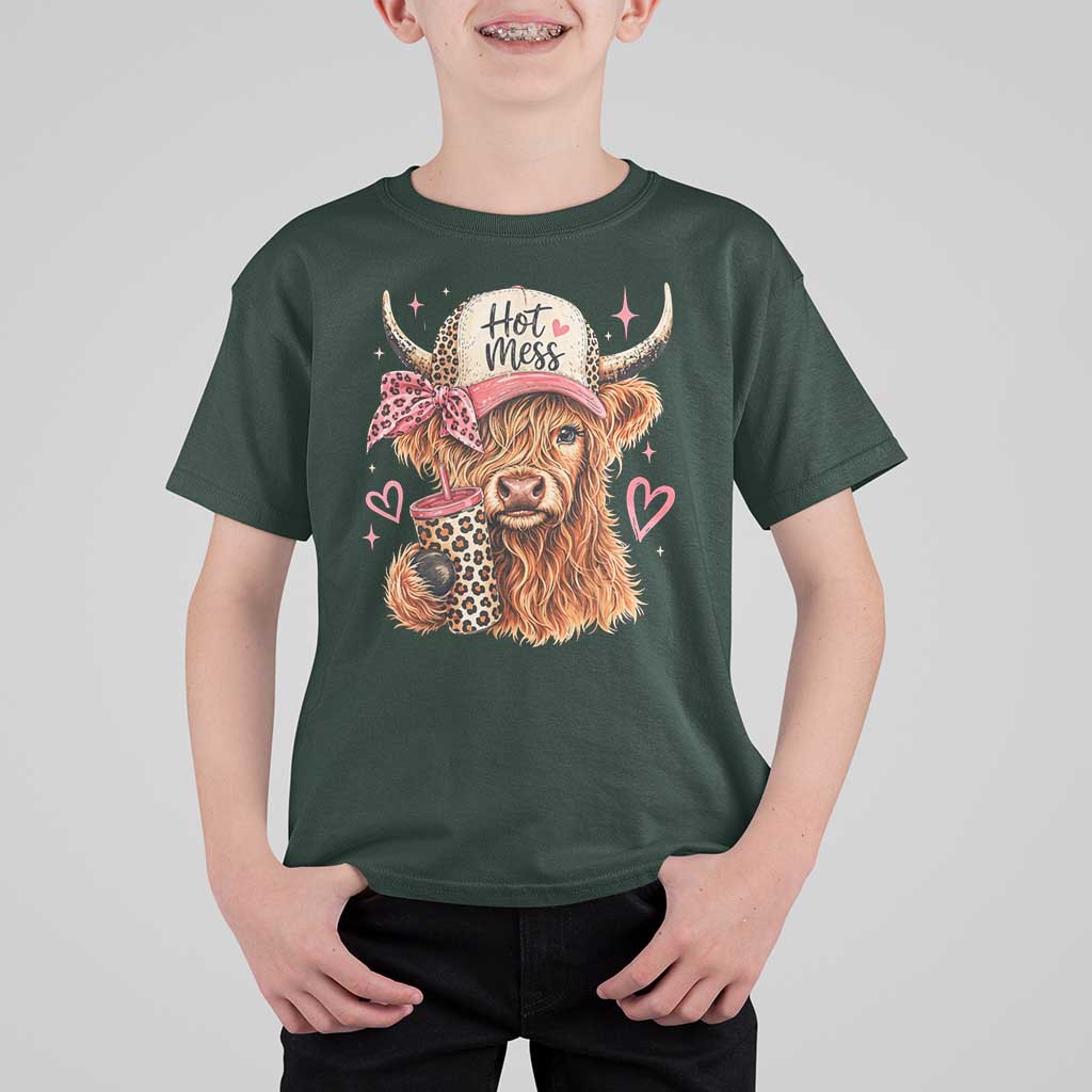 Hot Mess Highland Cow Pink Leopard Coquette T Shirt For Kid Cute Western Country Mom Life