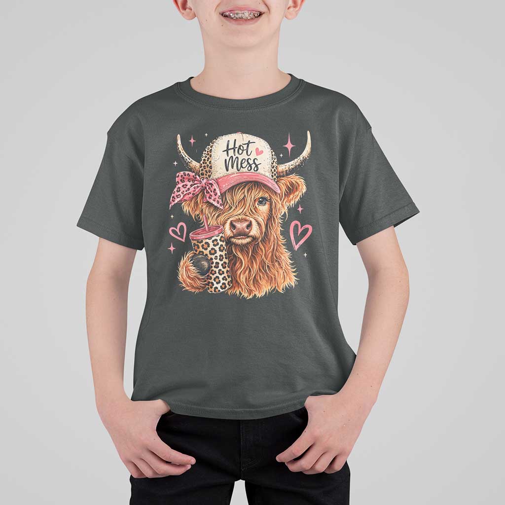 Hot Mess Highland Cow Pink Leopard Coquette T Shirt For Kid Cute Western Country Mom Life