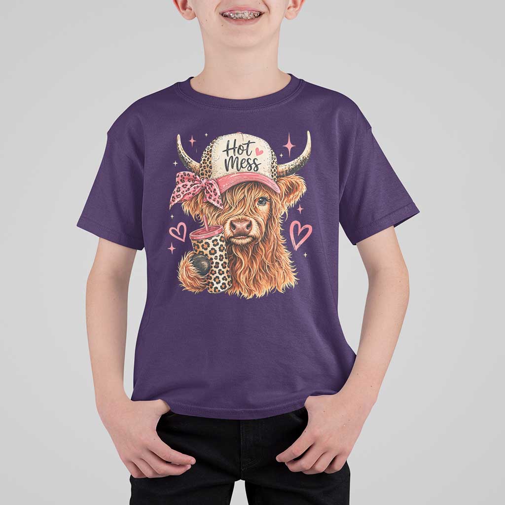 Hot Mess Highland Cow Pink Leopard Coquette T Shirt For Kid Cute Western Country Mom Life