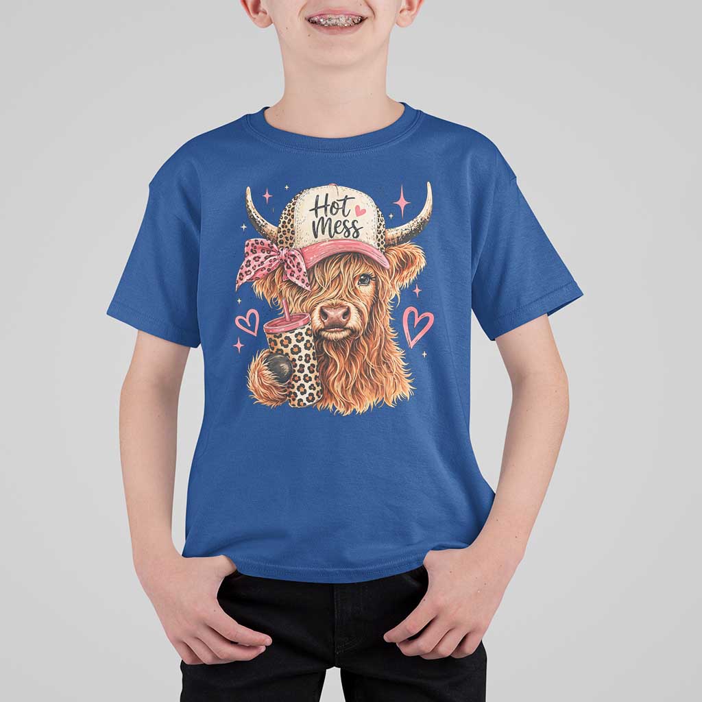 Hot Mess Highland Cow Pink Leopard Coquette T Shirt For Kid Cute Western Country Mom Life
