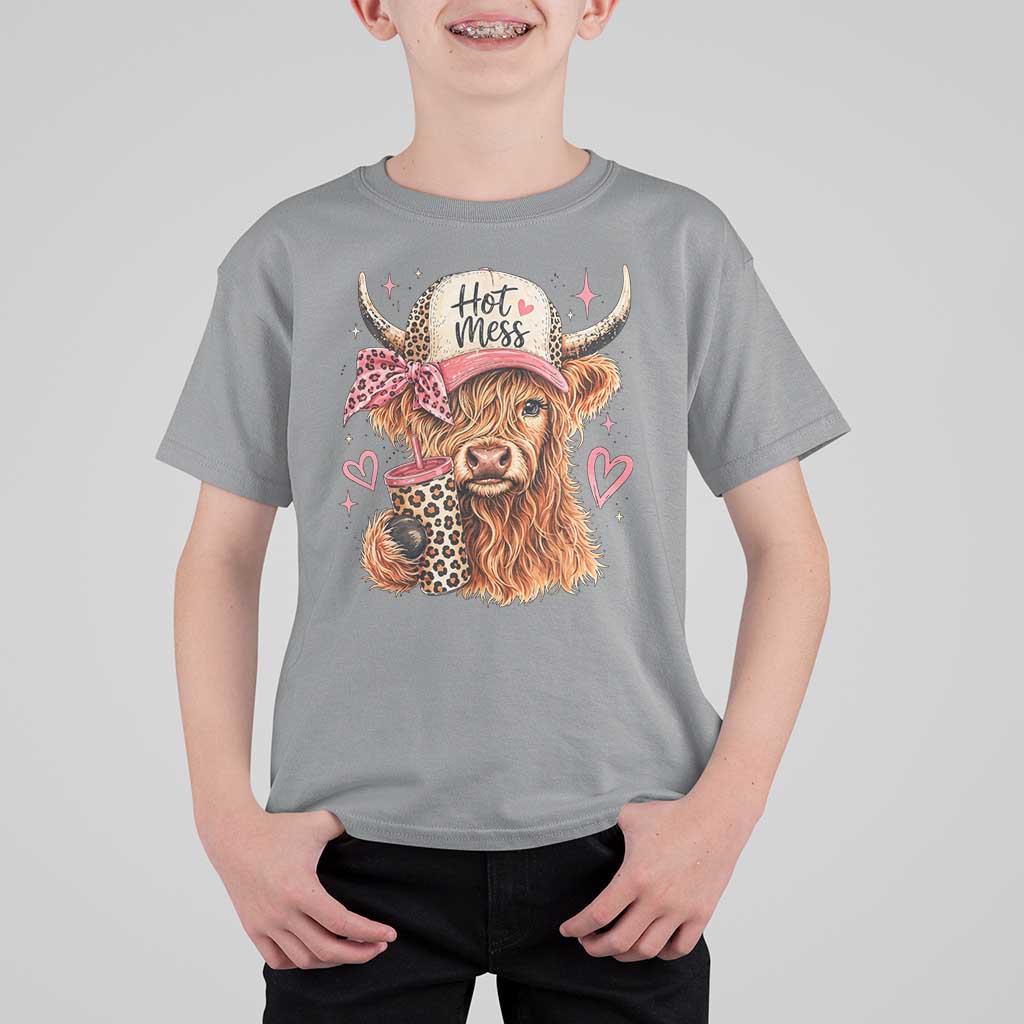 Hot Mess Highland Cow Pink Leopard Coquette T Shirt For Kid Cute Western Country Mom Life