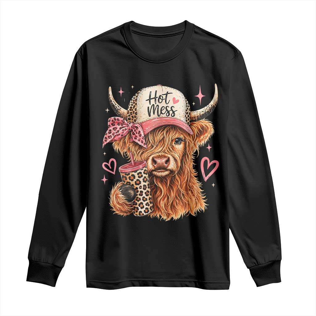 Hot Mess Highland Cow Pink Leopard Coquette Long Sleeve Shirt Cute Western Country Mom Life